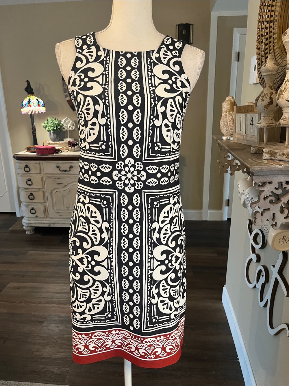 Talbots Black and White Printed Midi Dress with Red Hem